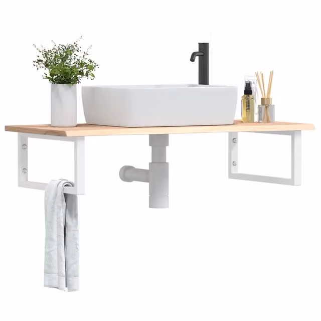 Ripiano a parete per lavabo VIDAXL in acciaio e rovere massello bianco