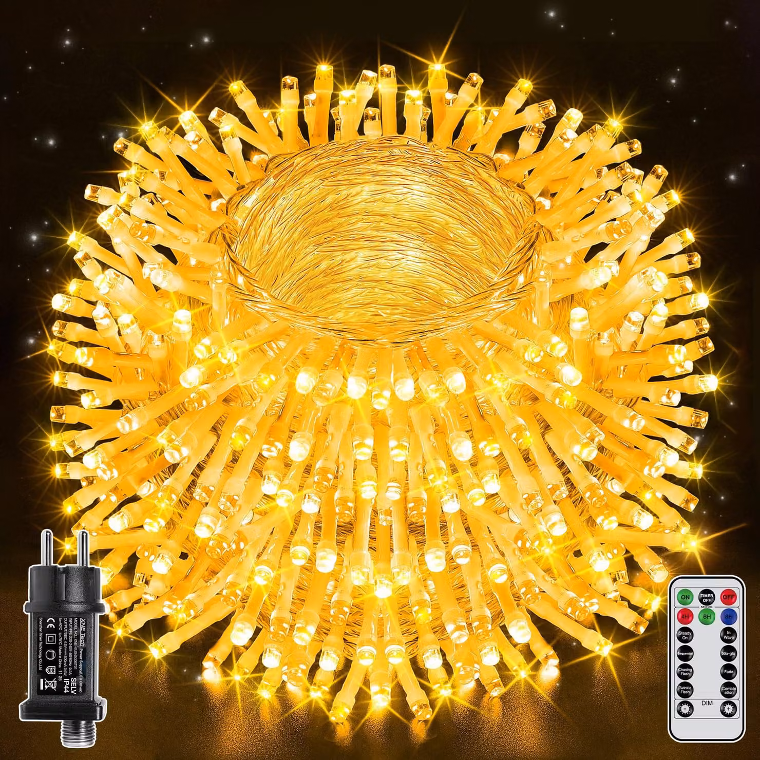 Catena luminosa da 100 metri, con 1000 LED, luce bianco caldo, grado di protezione IP44, con telecomando