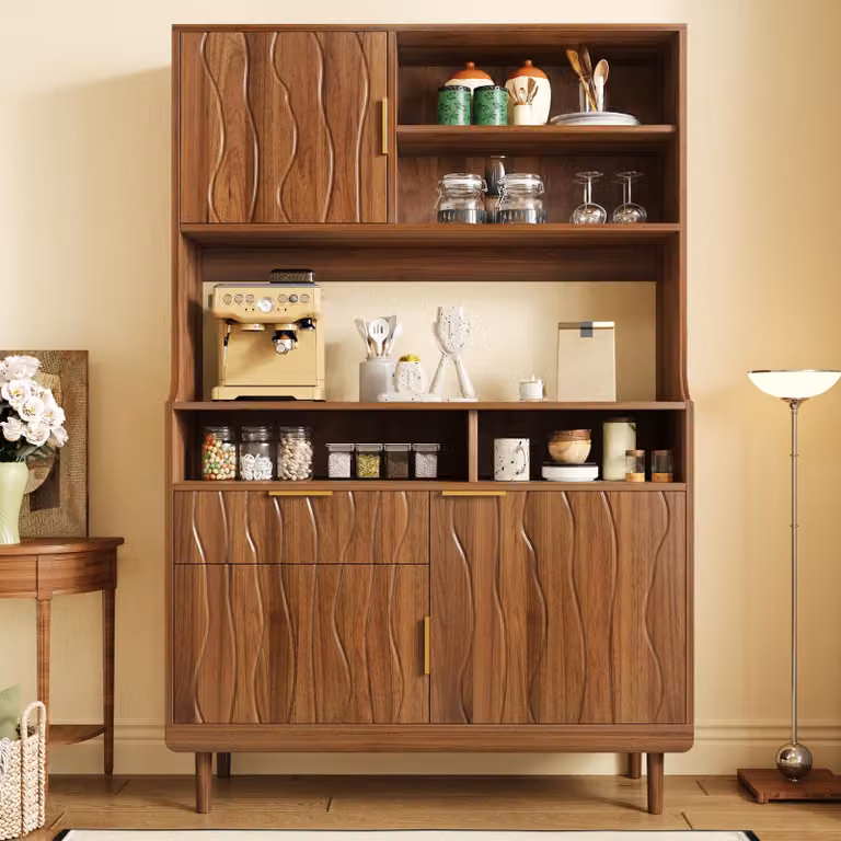 Mobiletto alto per cucina Merax, con cassetto e ante, credenza con ripiani aperti, frontale sagomato, dispensa con gambe in legno, noce