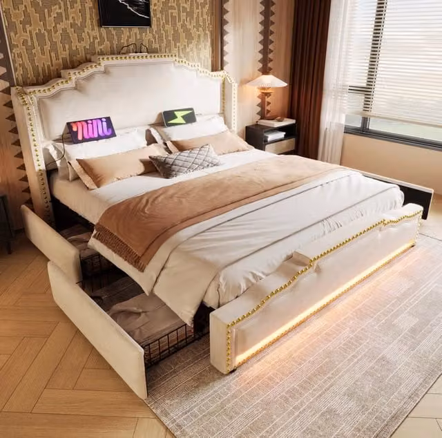 Letto matrimoniale ULEVR 140x200 cm con 4 cassetti, LED, USB e Type-C, struttura in velluto beige