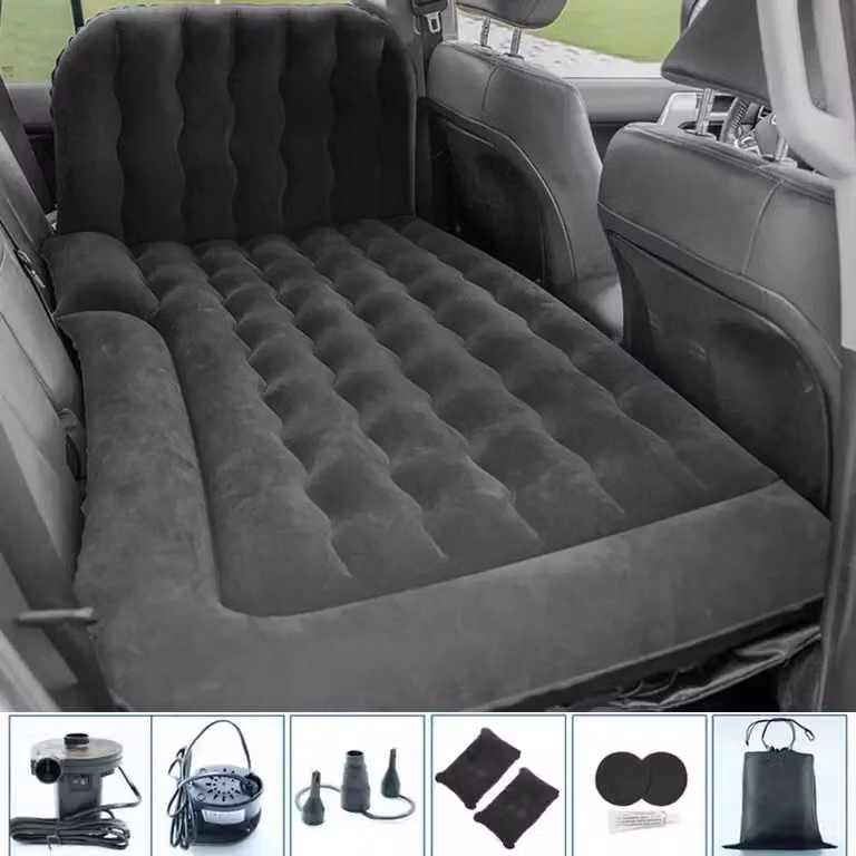 Materasso gonfiabile per auto - Materasso gonfiabile per sedile posteriore - Universale - Pieghevole e portatile - Superficie floccata - Con pompa e cuscino - Nero