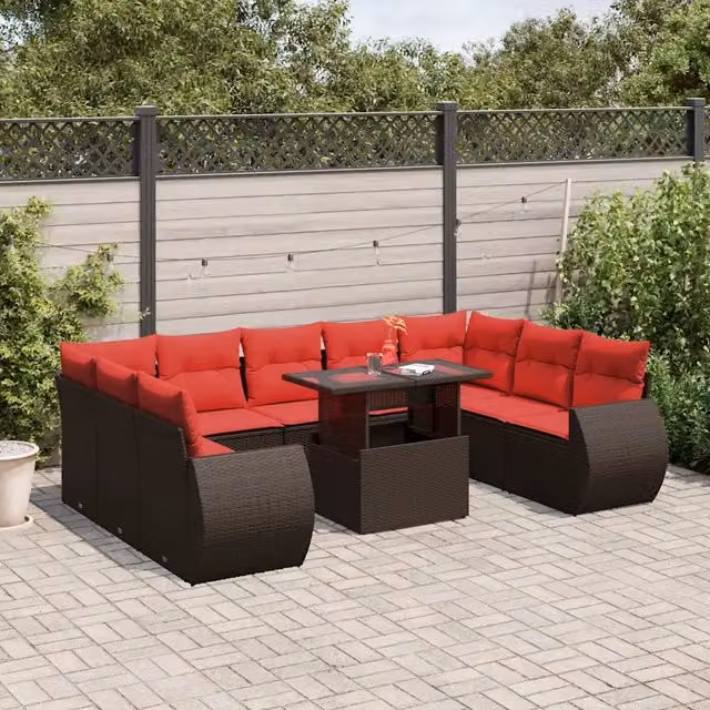 Set Divani da Giardino 10 pz con Cuscini Marrone in Polyrattan 3268744