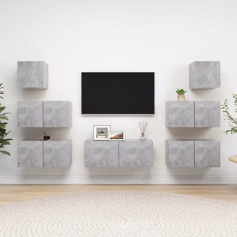 Set di mobili porta TV moderno vidaXL composto da 7 pezzi in legno e MDF, colore grigio cemento opaco