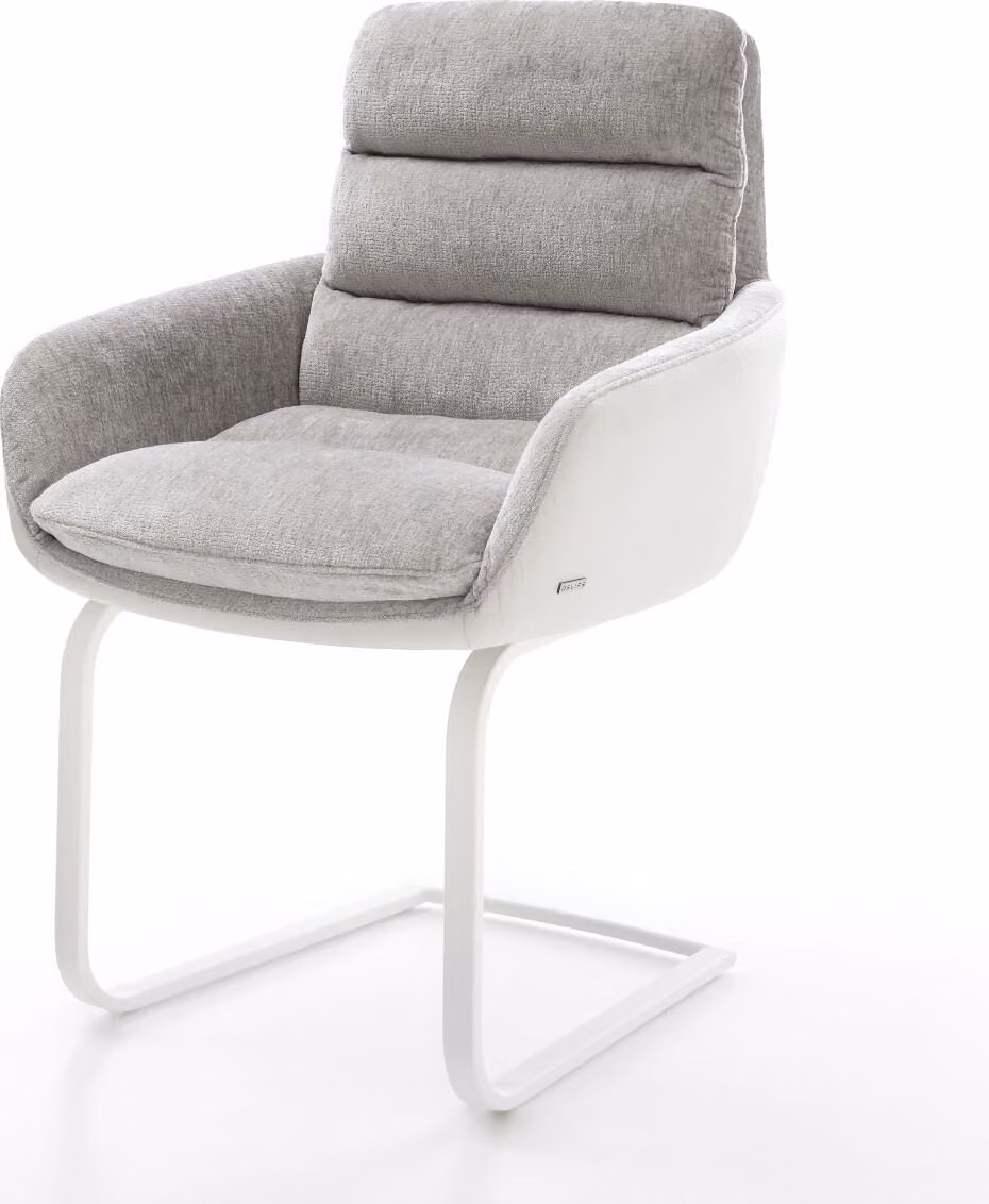 DELIFE Sedia a sbalzo Abelia-Flex con braccioli, mix di materiali, vera pelle, bianco-grigio argento, base a sbalzo piatta, bianca