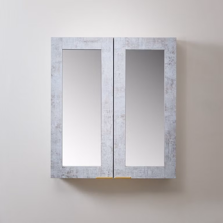 Mobiletto a Specchio da 900mm x 650mm Grigio Cemento - Completo di Maniglie con Impugnature a Dito in Oro Satinato - Cluo