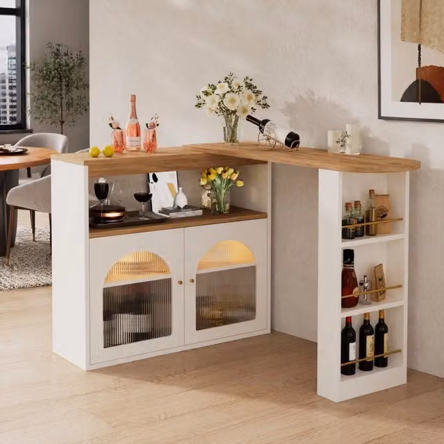 Tavolo bar estensibile girevole bianco 138-193 x 39 x 105 cm con LED e contenitore