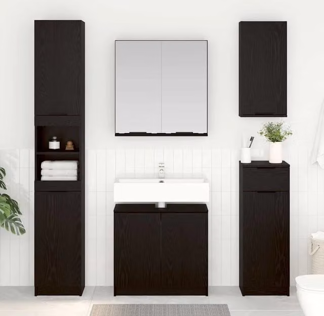 Set di Armadi da Bagno 3 pz Rovere Nero Legno ingegnerizzato 3416110