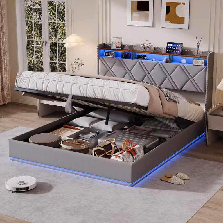 Letto imbottito UnboxG, 140x200 cm, con cassettiera a sollevamento idraulico, testiera con spazio contenitore, luci LED RGB, porte USB e Type-C, rivestito in lino, colore grigio