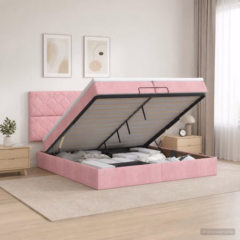 Letto ottomano con materasso vidaXL in velluto rosa e bianco, L/P/H: 200 x 200 x 88 cm