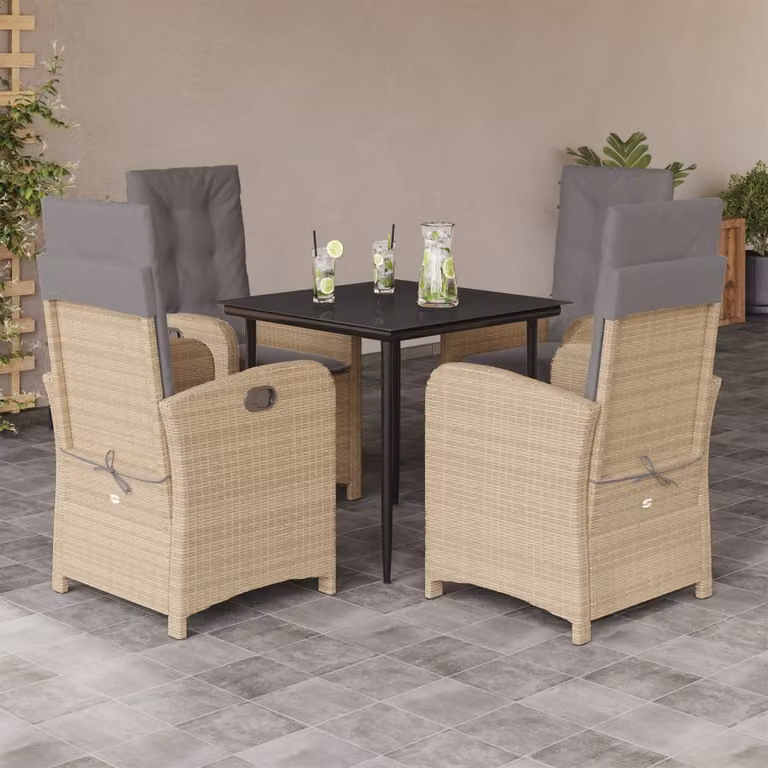 Set Pranzo da Giardino vidaXL in Polyrattan con Cuscini Beige e Tavolo in Vetro per 5 Persone