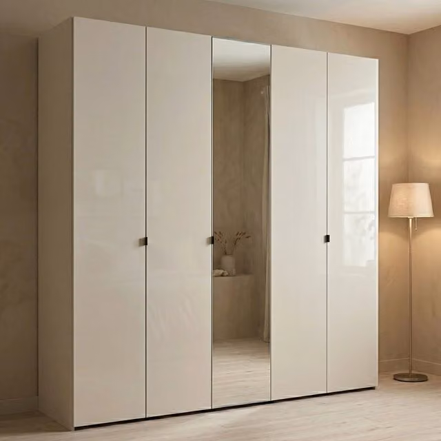 Armadio da camera da letto moderno DMORA con specchio e ripiani interni, Bianco e Beige, L: 224 cm, P: 227 cm, H: 226.5 cm