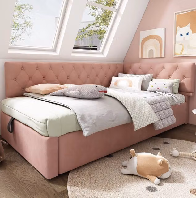 Letto imbottito 90x190 cm con contenitore idraulico; testiera reversibile in velluto rosa