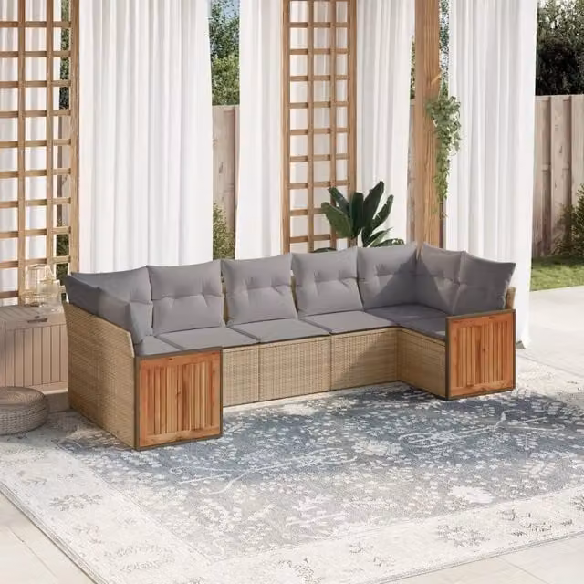 Set Divani da Giardino 7 pz con Cuscini Beige in Polyrattan 3227949