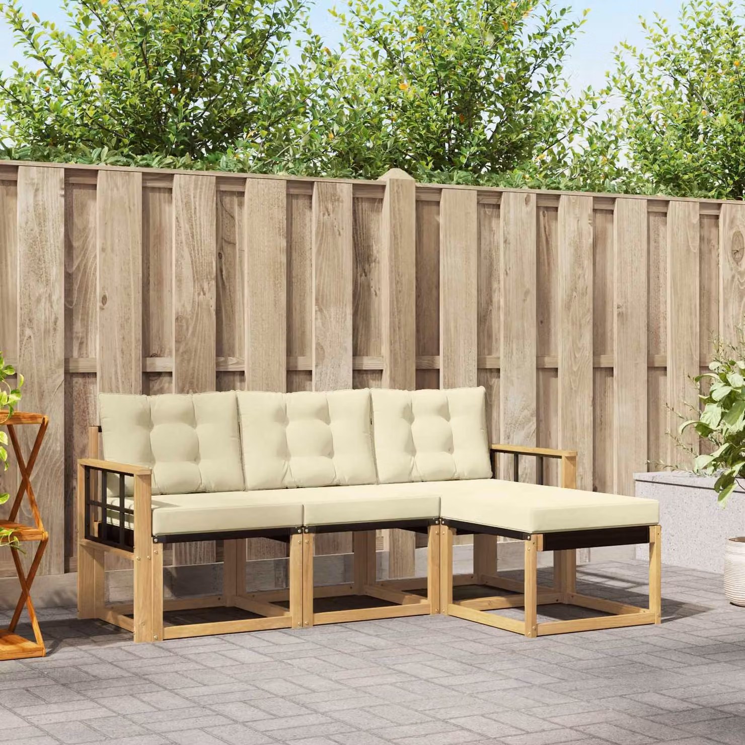 Set di divani da esterno vidaXL 4 pz in legno di acacia con cuscini e pouf, L-shape, Bianco, Beige e Marrone
