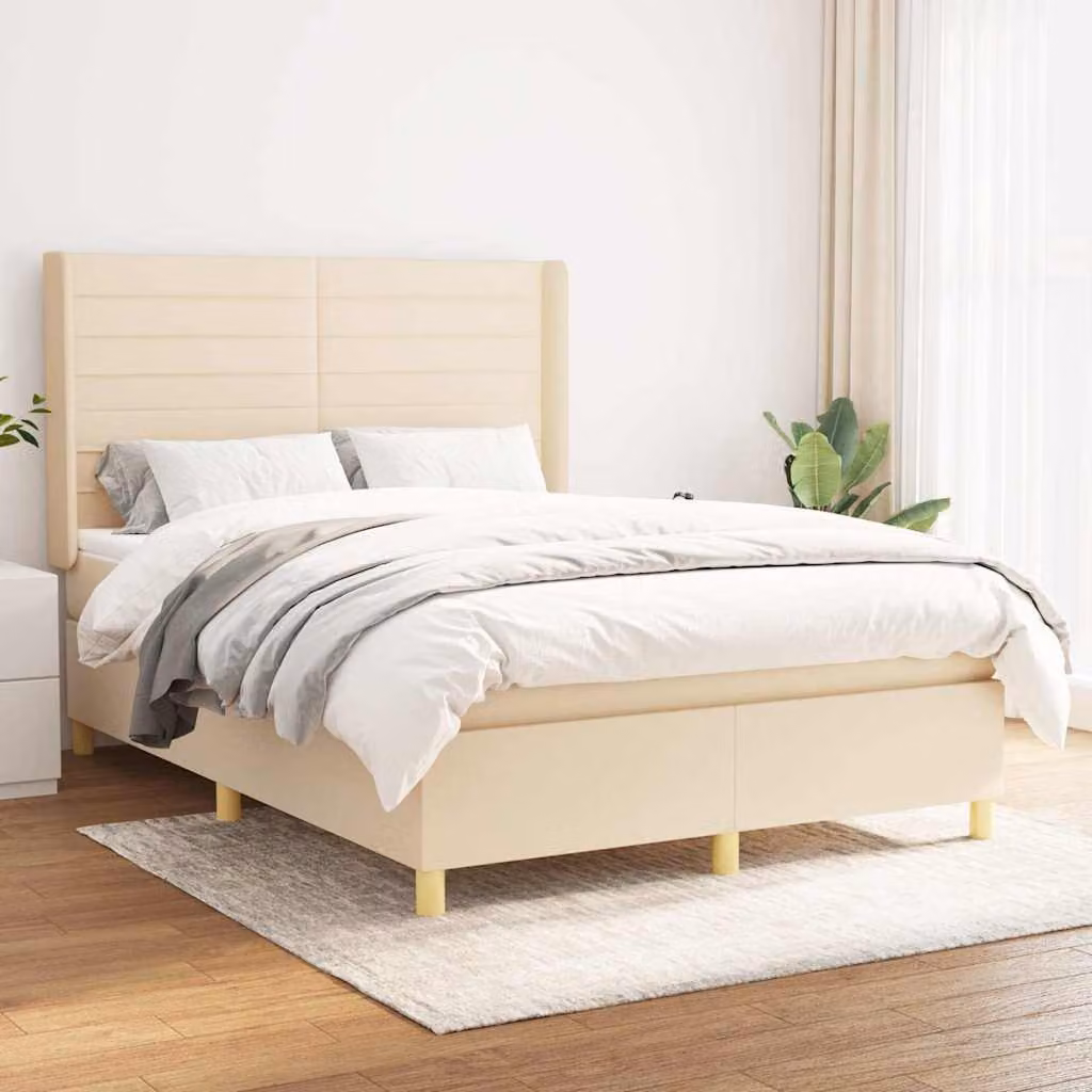 vidaXL Giroletto a Molle con Materasso Ibrido in Tessuto Beige e Bianco L/P/H: 190 x 140 x 128 cm