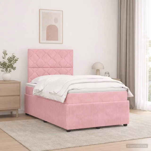 Letto Box Spring vidaXL in Velluto Rosa con Materasso Ibrido e Illuminazione LED, L/P: 120 x 200 cm