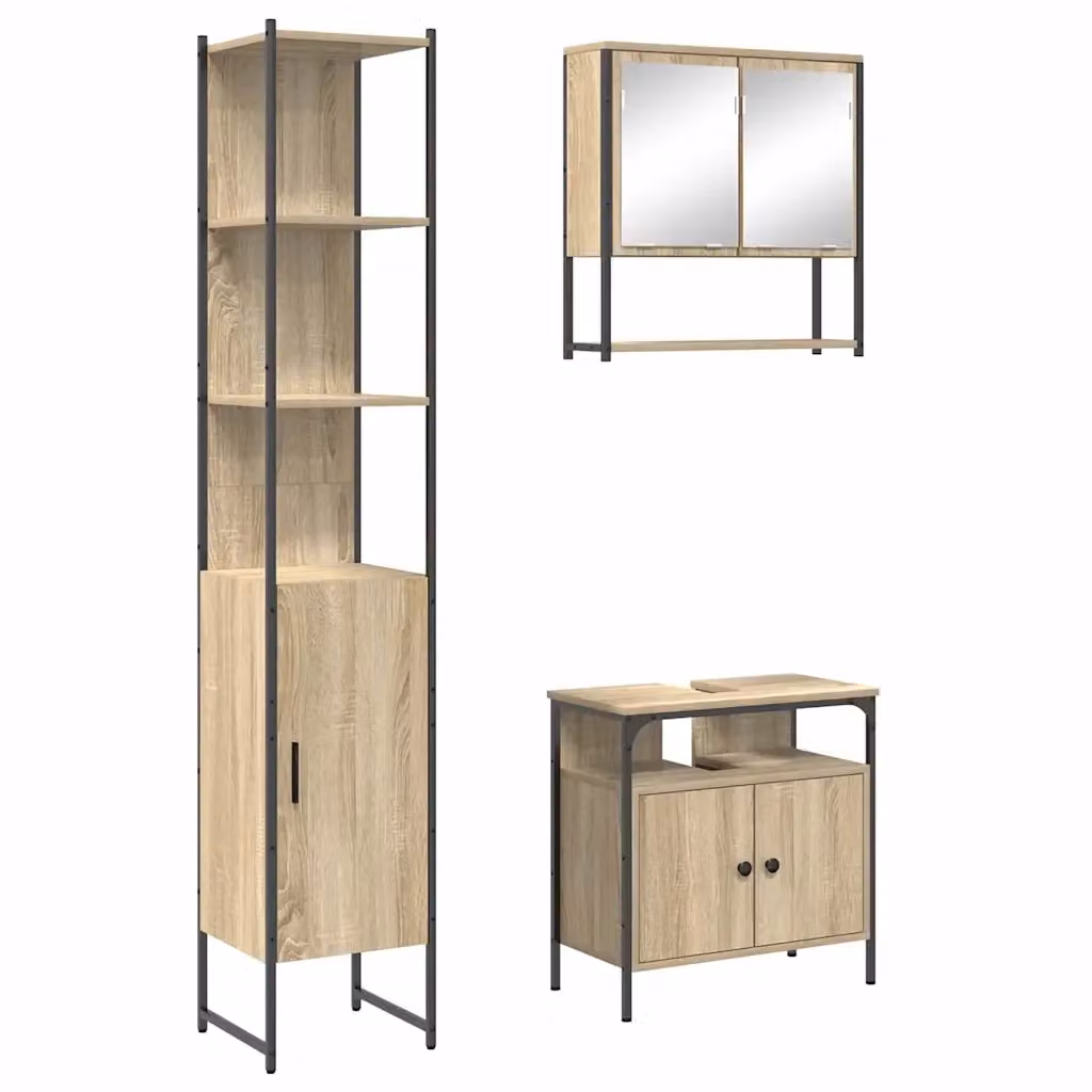 Set di mobili per il bagno moderno vidaXL in 3 pezzi color rovere con armadietto a specchio, mobile lavabo e colonna alta, L/P/H: 44,25 x 33,0 x 185,5 cm – 2