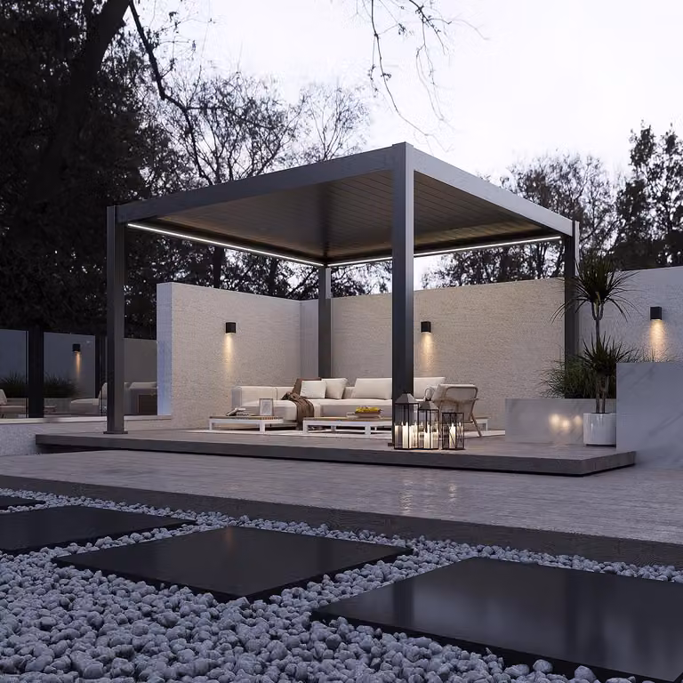 Pergola elettrica Weide E-Deluxe Plus interamente in alluminio, 4x4 m, con tetto a lamelle antracite