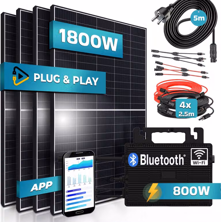 SUNNIVA® 1800W Impianto fotovoltaico da balcone completo di presa di corrente - Inverter ASTRO-ENERGY 800W - Impianto solare fotovoltaico, 4 moduli solari da 450W, cavo da 5 m - Bluetooth WIFI