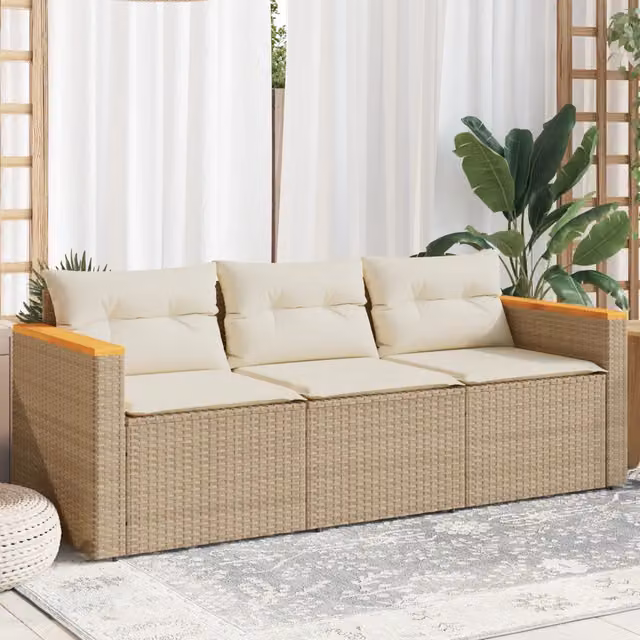 Divano da giardino a 3 posti vidaXL in polyrattan con cuscini beige e struttura in legno di acacia, L: 177 cm, P: 65 cm, H: 66 cm