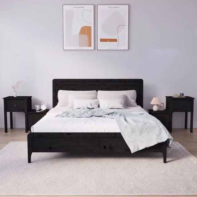 Set di 2 comodini vidaXL in legno massello di pino neri, modello da appendere alla parete, L: 79,5 cm, P: 38 cm, H: 65,5 cm – 1