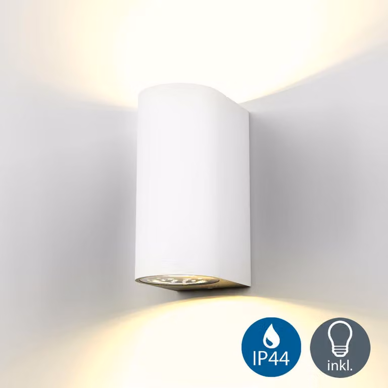 B.K.Licht Lampada da parete LED, applique per esterni, include 2 lampadine GU10 da 5W, plafoniera da parete per interni, luce calda 3000K, 800Lm, lampada a muro in metallo bianca, IP44