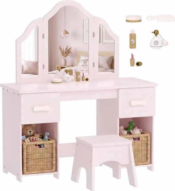 Set Toeletta per Bambini con Sgabello Specchio Pieghevole 2 Cassetti e 2 Ante Tavolo da Trucco Multifunzionale per Cameretta Rosa