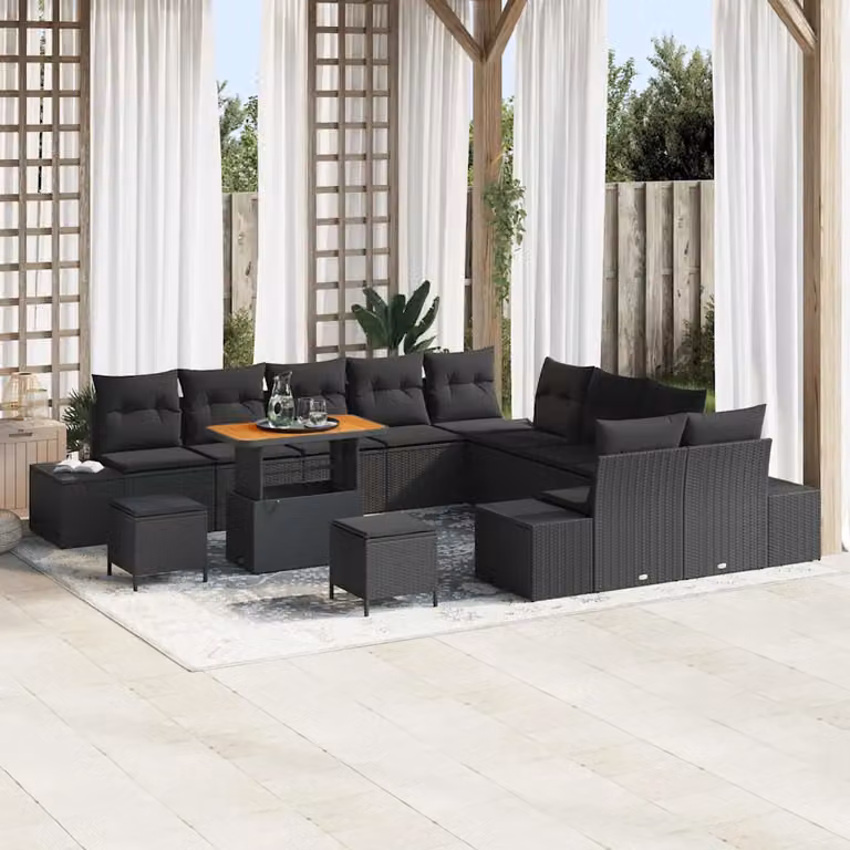 Set Divano da Giardino vidaXL 13 pz in Polyrattan Nero con Cuscini e Tavolino