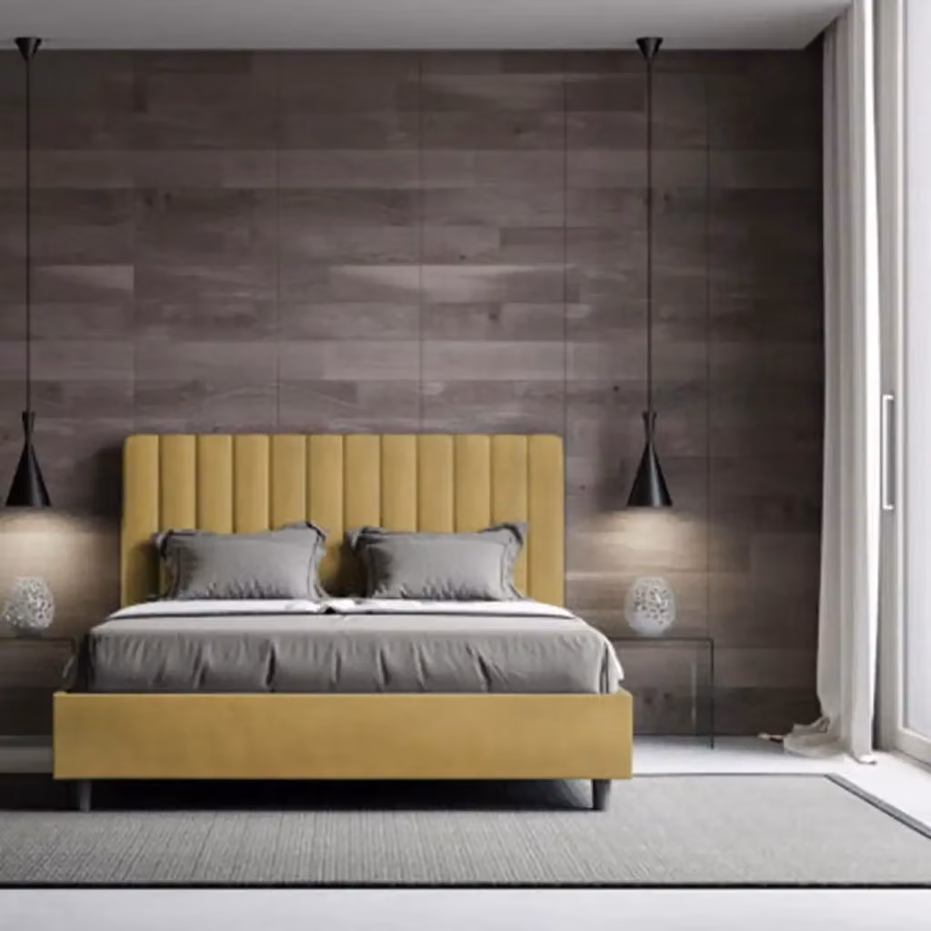 Letto matrimoniale contenitore imbottito Ityhome Agueda in microfibra colore ocra L: 160 cm, P: 210 cm, H: 230 cm – 2