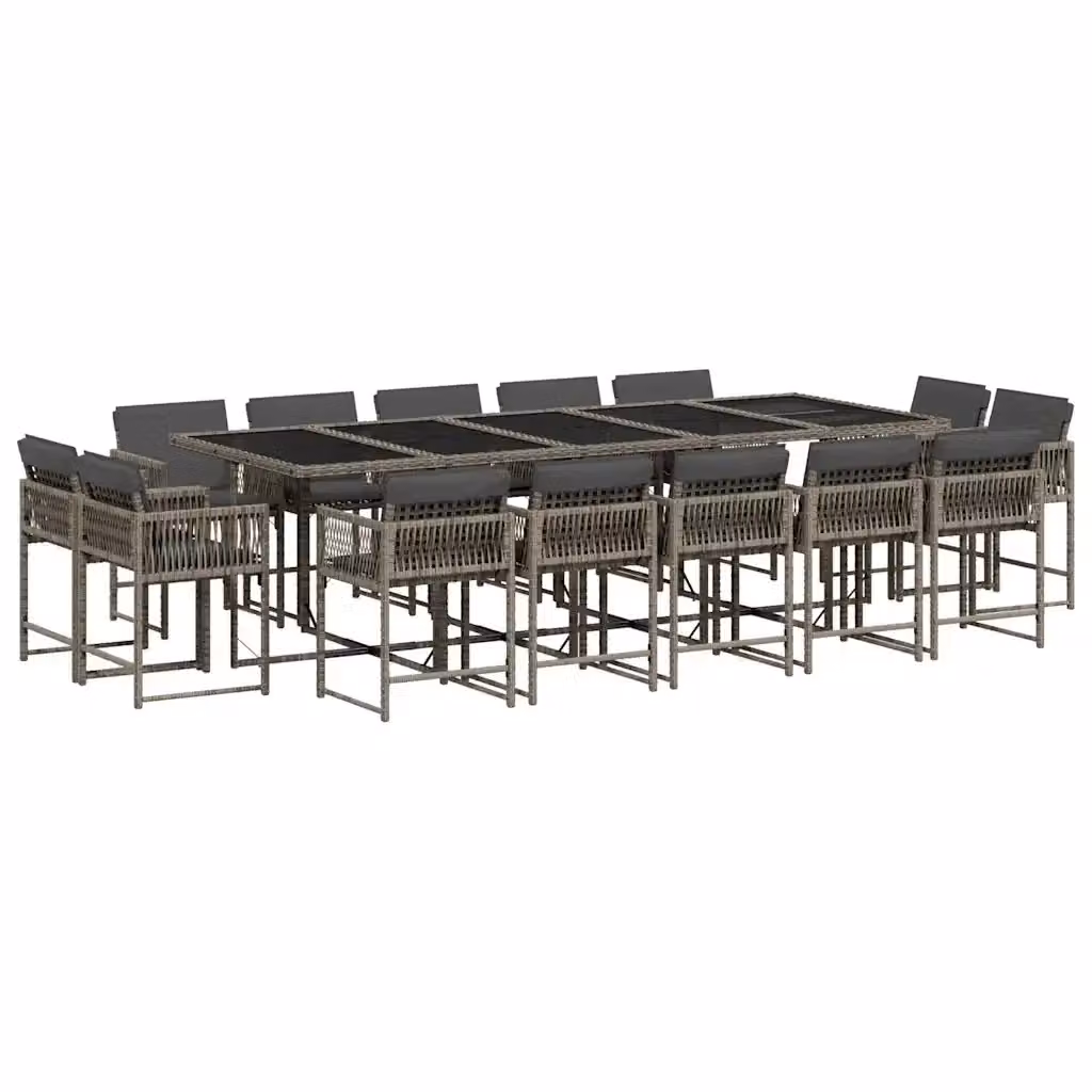 vidaXL Set da Pranzo da Giardino 15 pz in Polyrattan con Cuscini Grigio e Nero e Tavolo in Vetro – 2