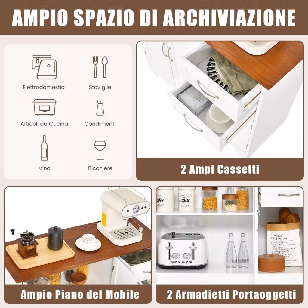 Costway Credenza Buffet Moderna con 2 Ante e 2 Cassetti per Cucina e Sala da Pranzo, Bianco o Marrone, L/P/H: 100 x 40 x 78 cm – 2