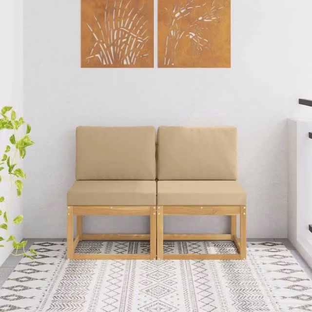 Set di 2 Divani Modulari Centrali per Esterno in Legno di Acacia Massello con Cuscini Beige e Bianco