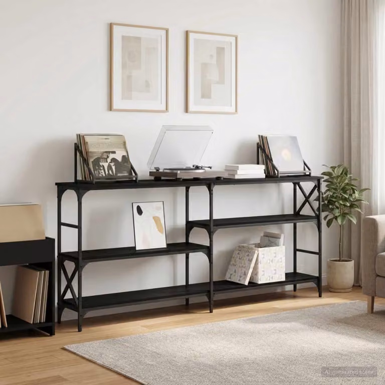 Tavolo consolle vidaXL in stile industriale con struttura in metallo e piano in MDF rovere e nero, L 180 x P 29 x H 76,5 cm