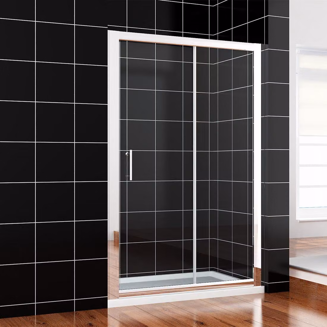 Cabina doccia SONNI 150 x 185 cm, bianco argento, porta scorrevole, binario superiore e inferiore, vetro da 5 mm, telaio della porta con possibilità di regolazione di 20 mm