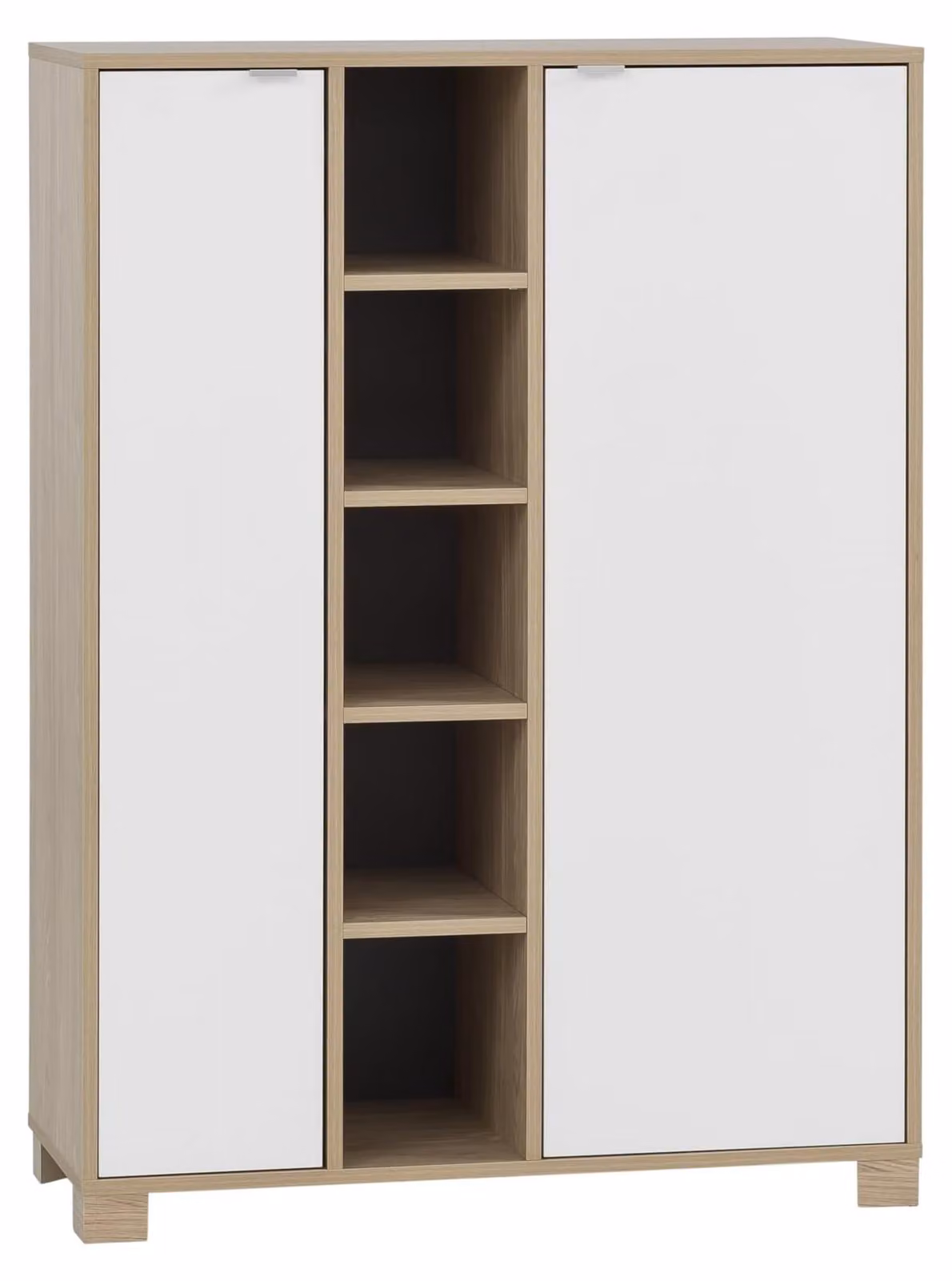 Mobile contenitore alto, 2 ante, 5 scomparti, finitura noce chiaro/bianco gesso, dimensioni 89,6 x 39 x 122,4 cm