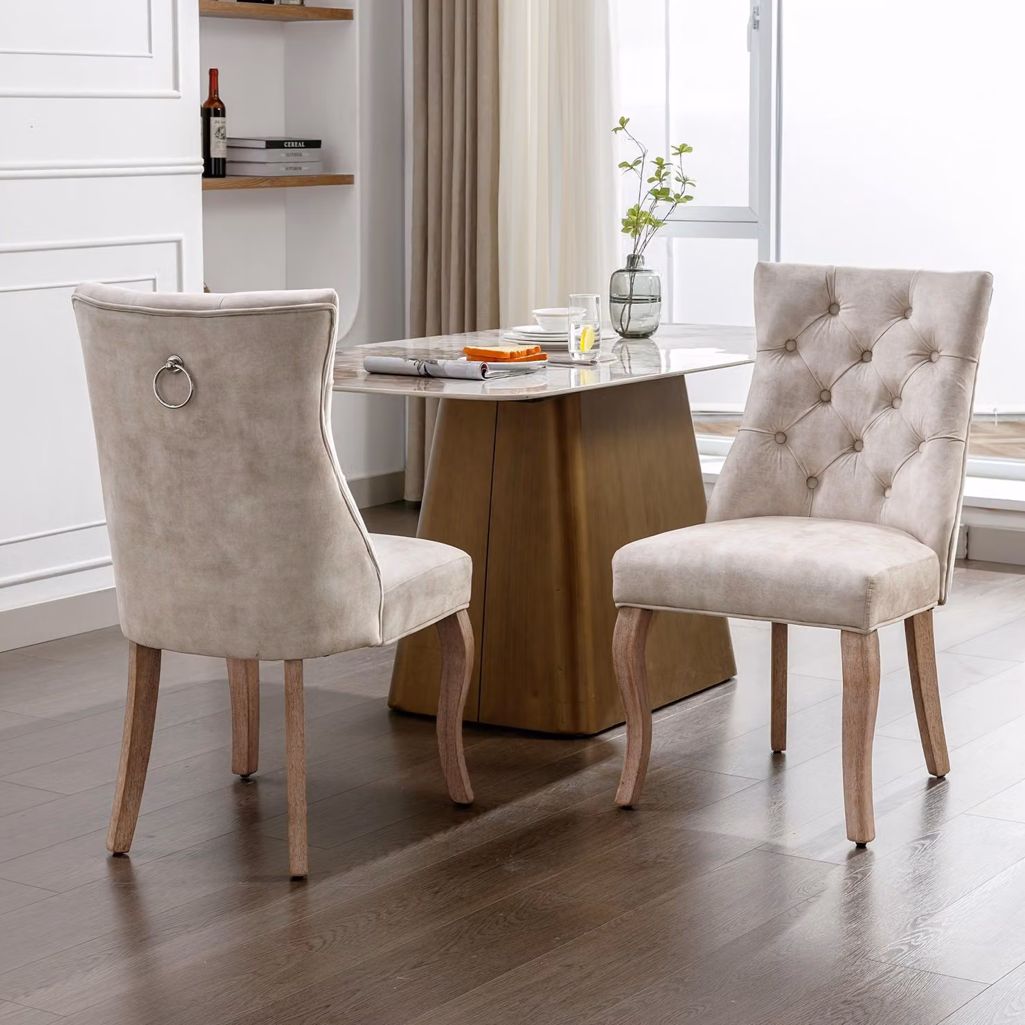 Sedia da pranzo - Sedia a forma di conca - Set da 2 - Rivestimento in velluto color beige chiaro - Struttura in legno