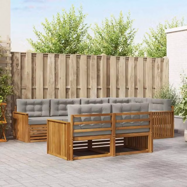 Set di divani da esterno a L vidaXL in legno di acacia con cuscini grigi – 1