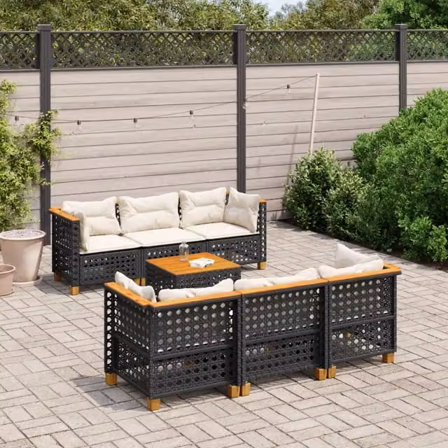 vidaXL Set Divani da Giardino a L con Cuscini 7pz Nero Polyrattan e Legno di Acacia – 1