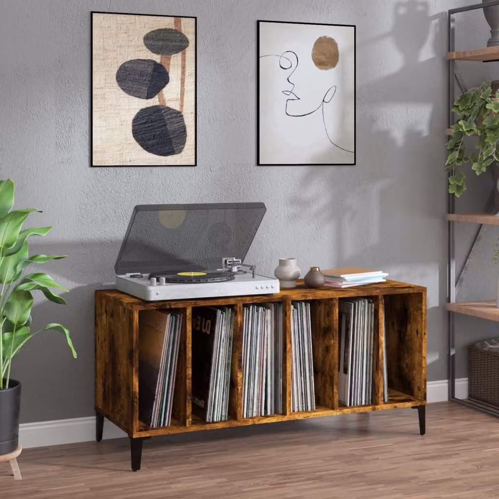 vidaXL Mobile Porta Dischi in Rovere Fumo con Ruote, L: 100 cm, P: 38 cm, H: 48 cm