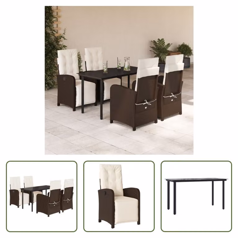 The Living Store Set da pranzo da giardino 5 pezzi con cuscini in polirattan marrone