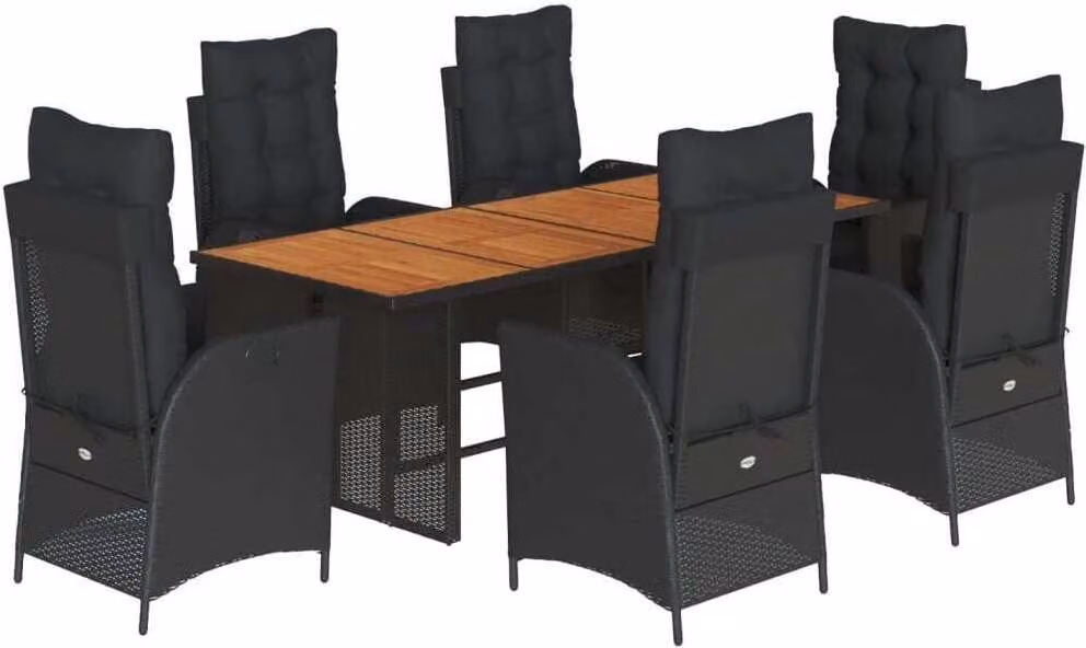 Set da Pranzo da Giardino 7 pz Nero con Cuscini in Polyrattan
