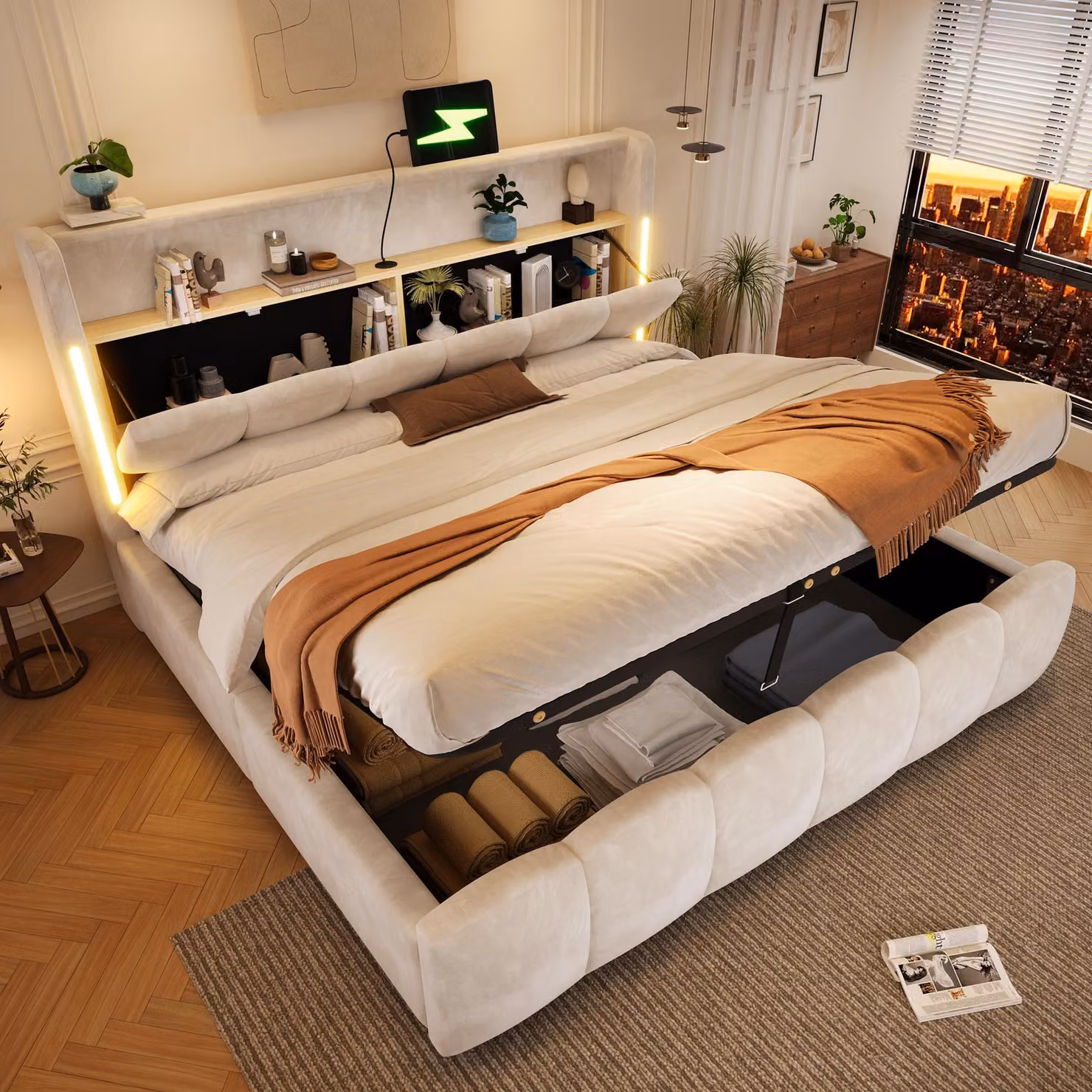 Letto imbottito 180 x 200 cm con illuminazione a LED, spazio contenitore con sistema idraulico, vano portaoggetti ribaltabile nella testiera, porte USB e di tipo C, rivestito in velluto e realizzato in MDF, senza materasso