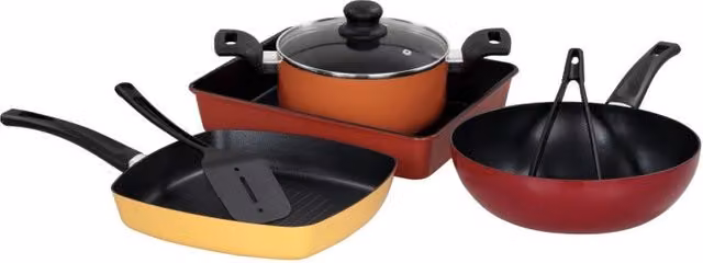 Set di 2 batterie da cucina Medua Colors Casa Collection, 7 pezzi in acciaio al carbonio e alluminio con rivestimento antiaderente e fondo per induzione, multicolore