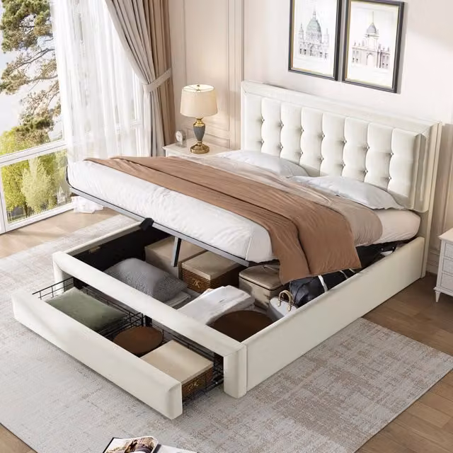 Letto matrimoniale 140 × 200 cm con contenitore idraulico e 2 cassetti, senza materasso, in velluto beige
