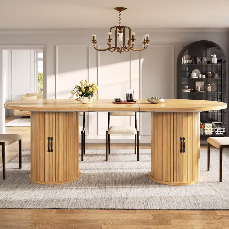 Tavolo da pranzo allungabile con maniglie in metallo, tavolo da cucina versatile con vano contenitore nascosto, dimensioni: 149,8-189,7 x 80 x 75 cm, colore marrone naturale