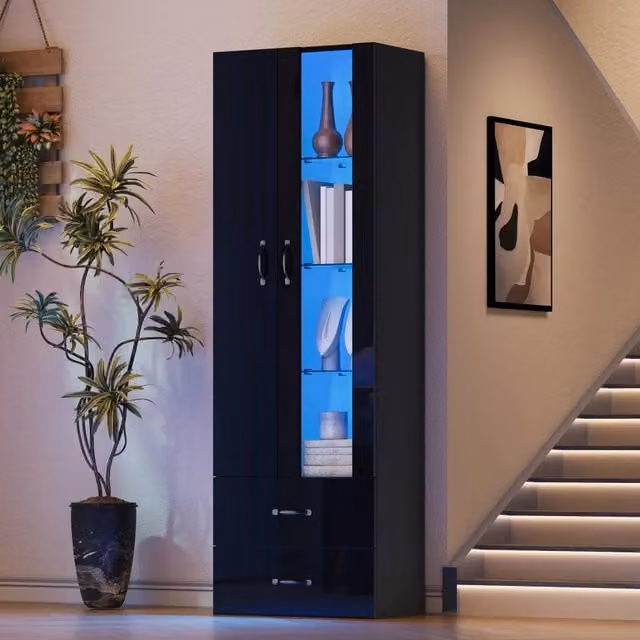 Vetrina moderna nera con ante in vetro, 2 cassetti e 6 ripiani con illuminazione LED per soggiorno o studio, L/P/H: 60 x 35 x 182.5 cm
