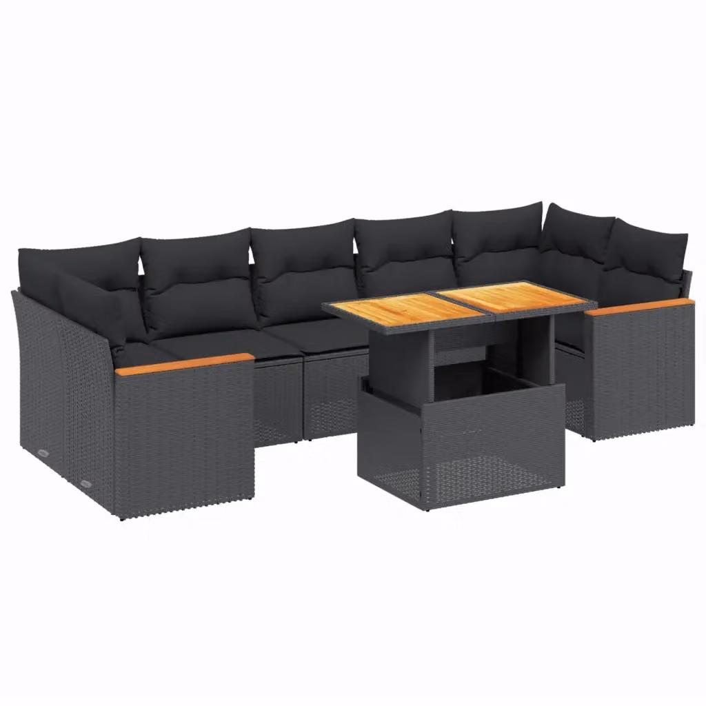 vidaXL Set Divani da Giardino a L con Cuscini 8 pz in Polyrattan Nero e Legno di Acacia – 2