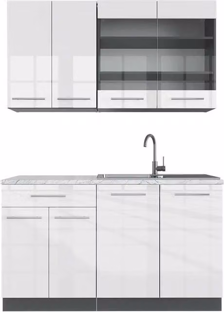 Cucina completa Fame-Line Bianco lucido/Antracite 140 cm, PL Marmo Vicco