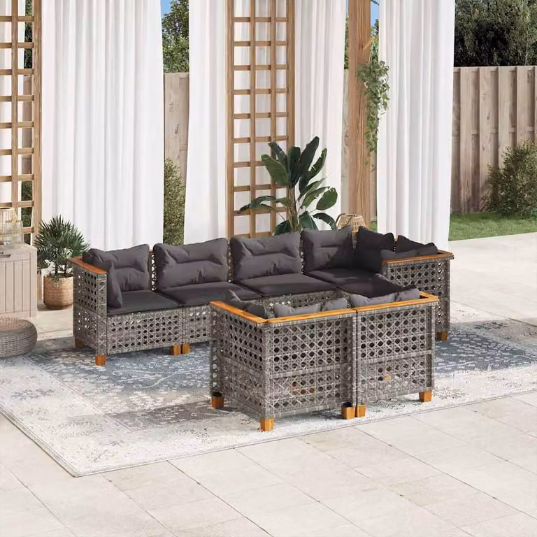 Set di divani da giardino vidaXL in polyrattan grigio con cuscini, forma a L con orientamento a sinistra, 7 pezzi
