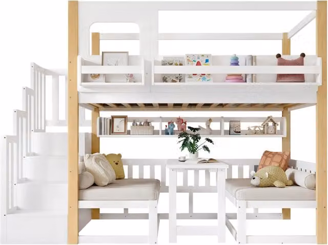 Letto a castello con scrivania pieghevole, scala contenitore e libreria laterale, 90 x 200 cm, bianco e naturale